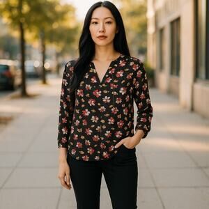 Pleione 3/4 V-Neck Black Floral Blouse Size M 6-10